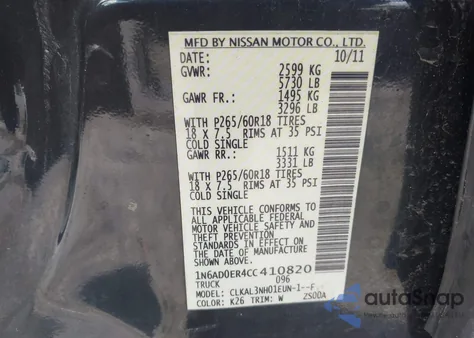 2012 Nissan Frontier Sl from USA, damaged, VIN 1N6AD0ER4CC410820